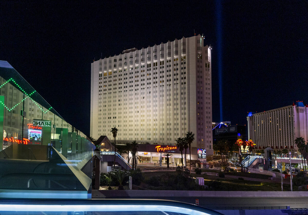 The Tropicana hotel-casino is shown on the final night before its closing on Tuesday, April 2, ...