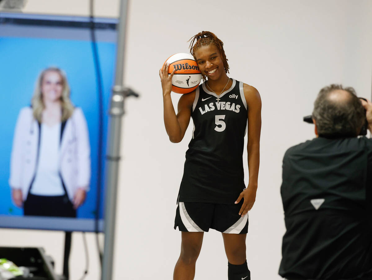Las Vegas Aces guard Kamaria McDaniel (5) poses for a photo during team's media day, on Friday, ...