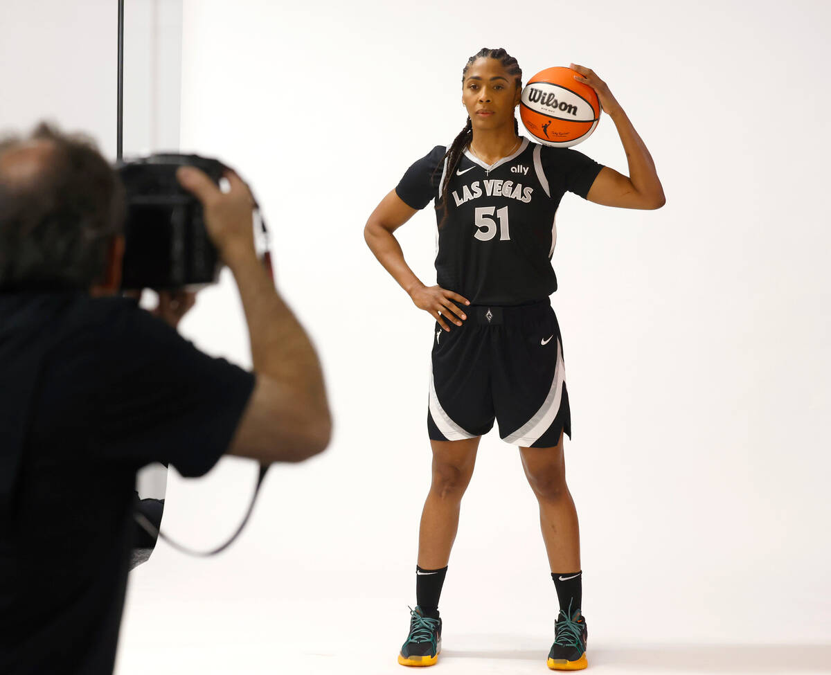 Las Vegas Aces guard Sydney Colson (51) poses for a photo during Aces media day, on Friday, May ...