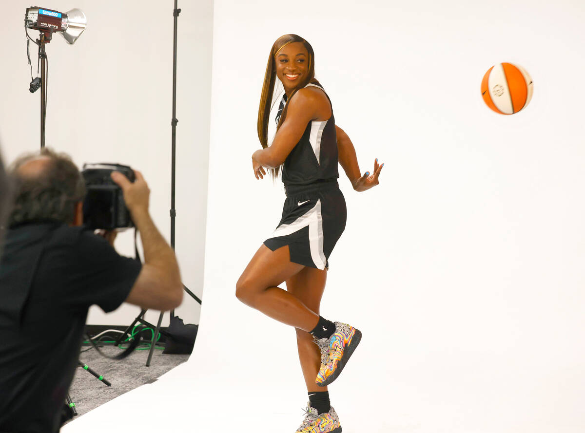 Las Vegas Aces guard Jackie Young (0) poses for a photo during Aces media day, on Friday, May 3 ...