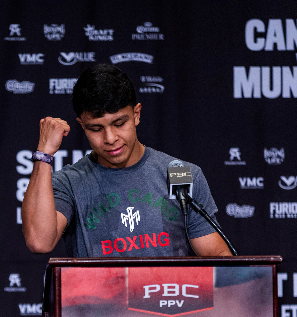 Boxer Jaime Munguia tells the crowd how he will win during the final press conference for him a ...