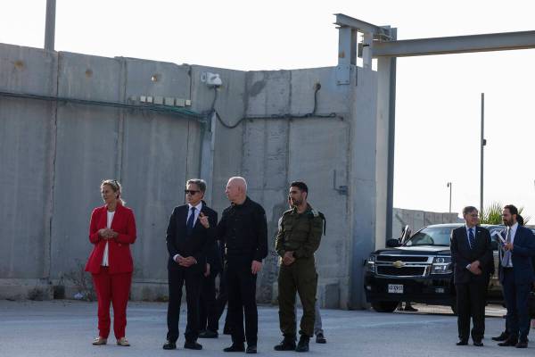 U.S. Secretary of State Antony Blinken, second left, Israeli Defense Minister Yoav Gallant, thi ...