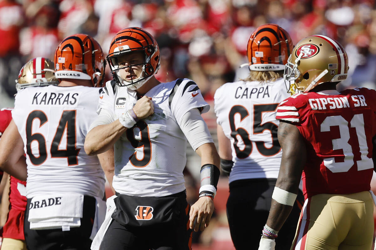 Cincinnati Bengals quarterback Joe Burrow (9) reacts during the first half of an NFL football g ...
