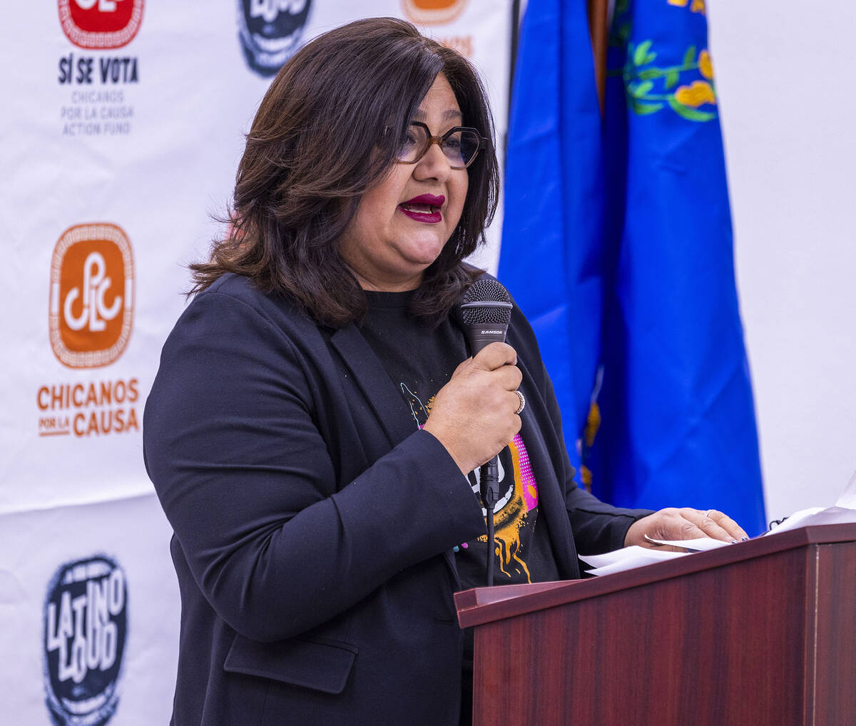 Alicia Nunez speaks during the 2024 Latino Loud nonpartisan voter registration, engagement and ...