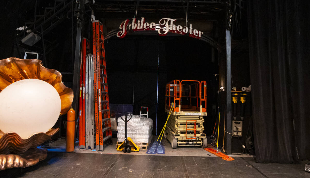 A sign for the Jubilee Theater, currently home to "Dita Las Vegas,” hangs backstage ...