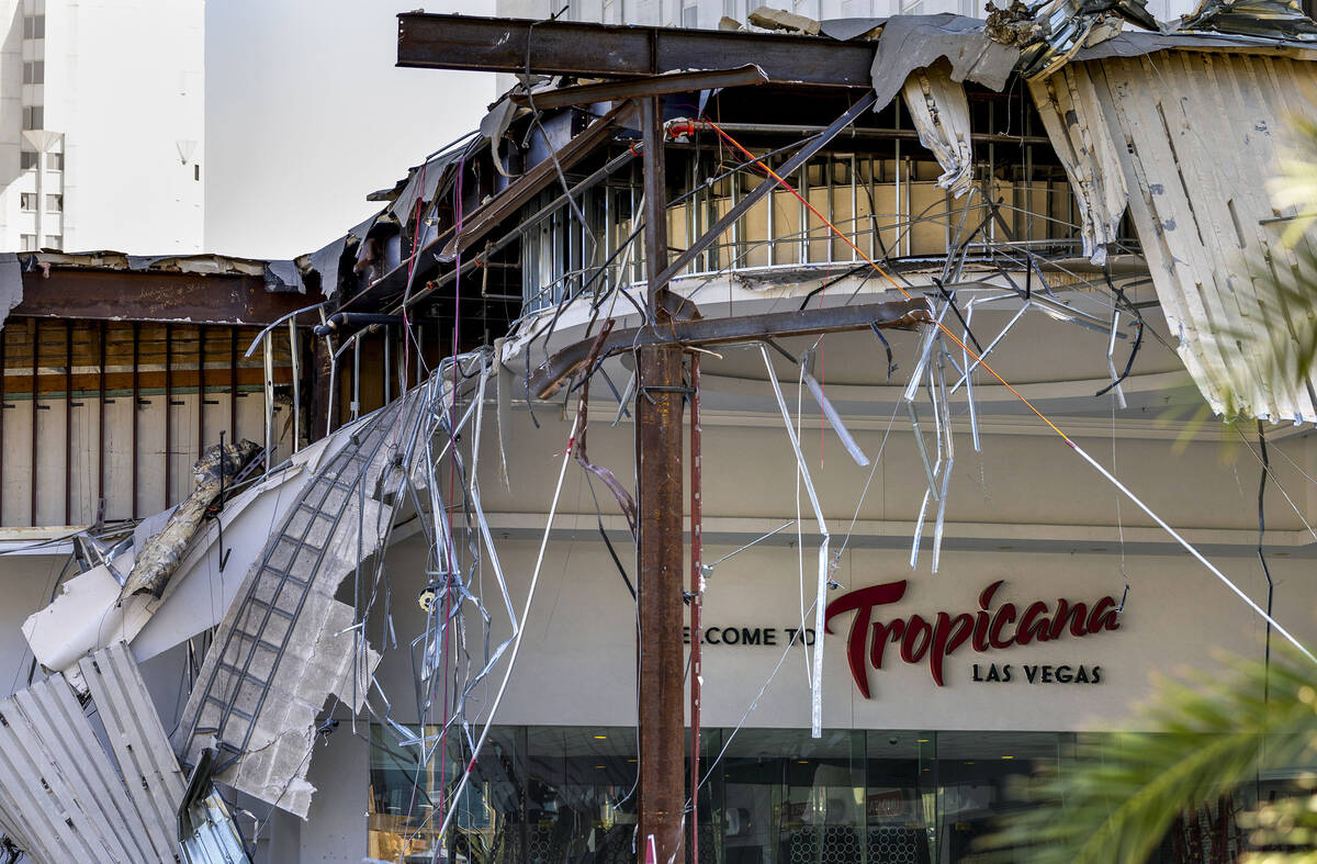 Demolition continues about the porte-cochere at the Tropicana on Thursday, May 2, 2024, in Las ...
