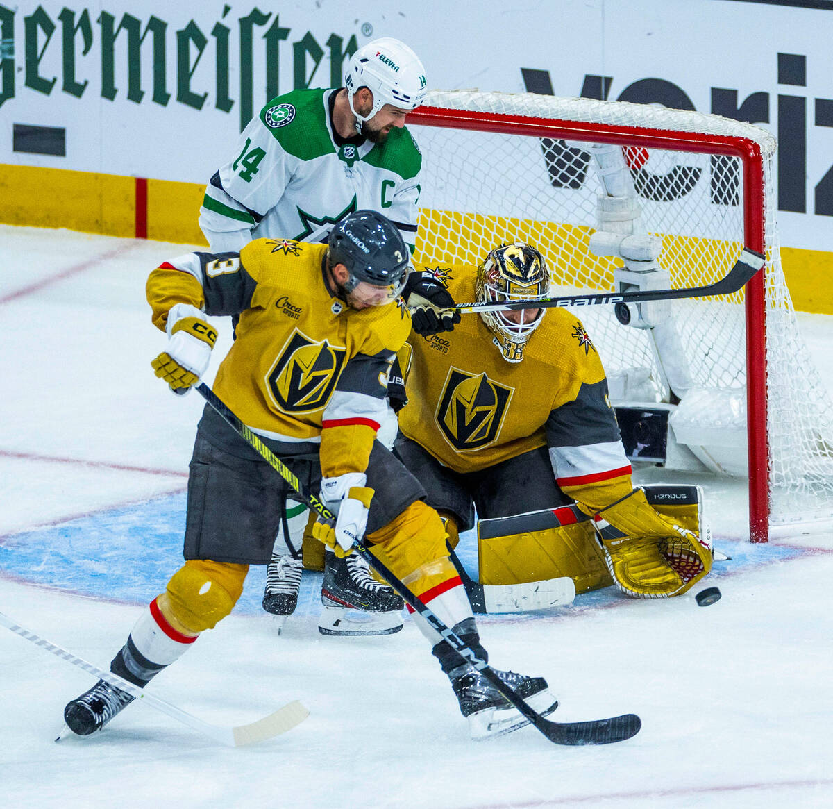 Golden Knights goaltender Adin Hill (33) makes another critical save over Dallas Stars left win ...