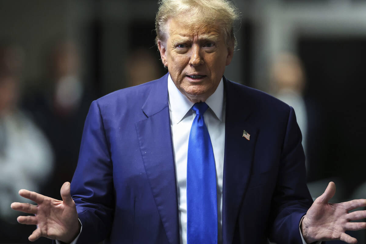 Former President Donald Trump arrives at Manhattan criminal court in New York, on Friday, May 3 ...