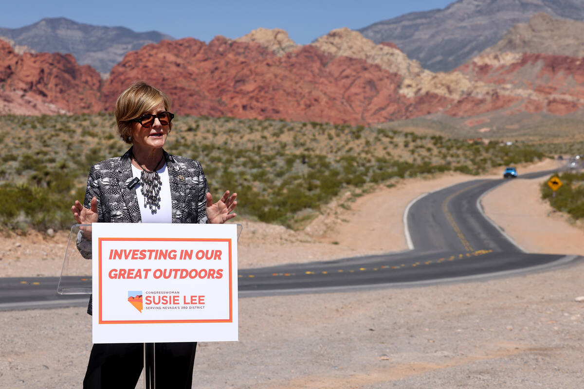 Rep. Susie Lee, D-Nev., speaks during a press conference on Calico Basin Road at State Route 15 ...