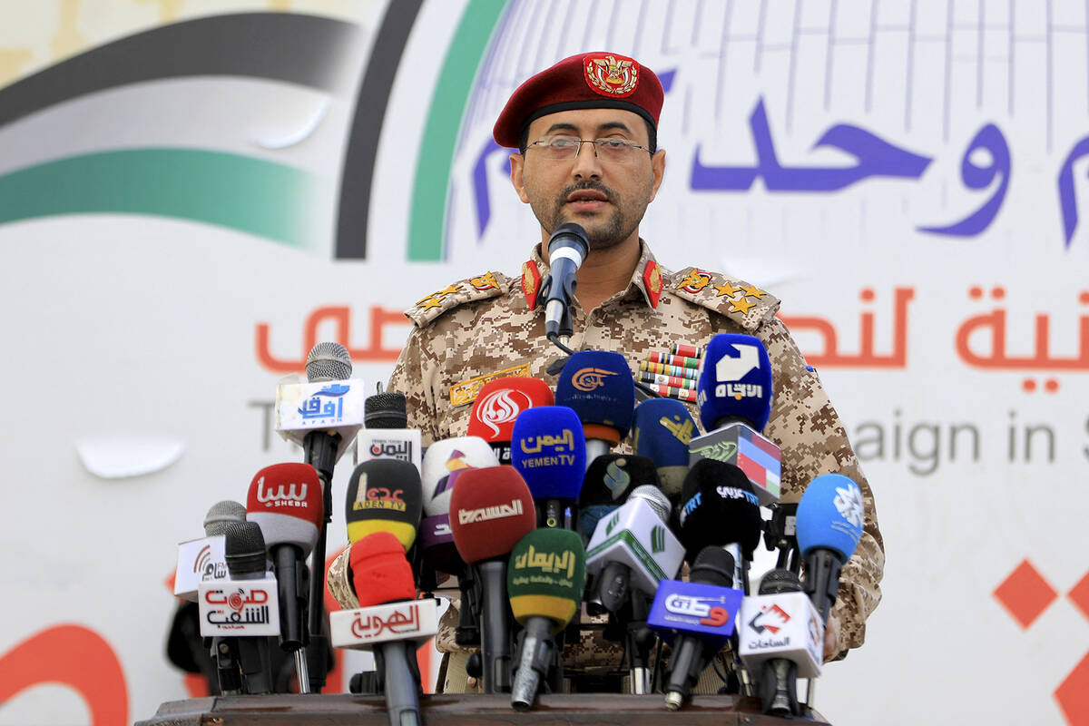 Houthi military spokesman, Brigadier Yahya Saree, delivers a statement on the attacks against t ...