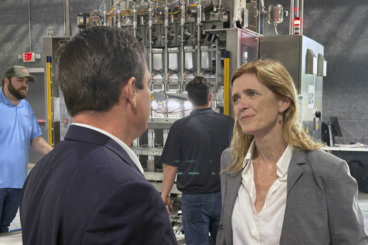 USAID Administrator Samantha Power speaks with U.S. Rep. Austin Scott on Friday, May 3, 2024, d ...