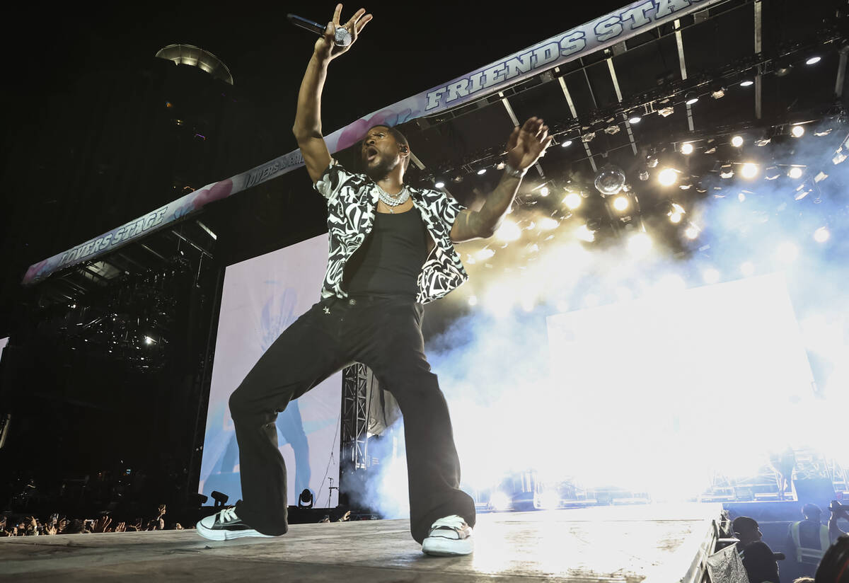Usher performs during the Lovers & Friends music festival on Saturday, May 14, 2022, in Las Veg ...