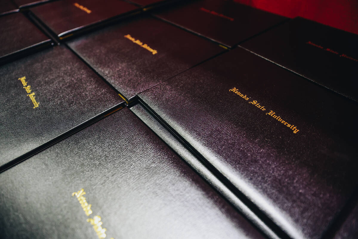 Diplomas are seen at the Nevada State University commencement ceremony at Thomas & Mack Cen ...