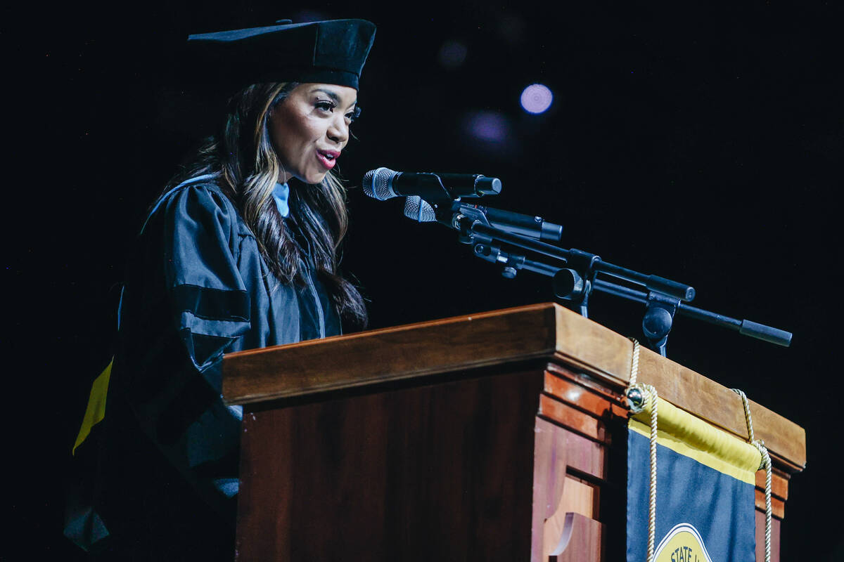 Raiders president Sandra Douglass Morgan gives the commencement address during the Nevada State ...