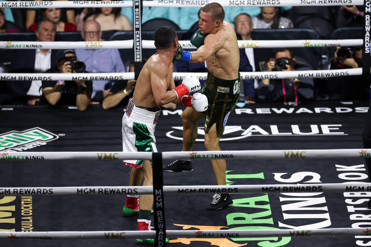 Eimantas Stanionis gets a left on Gabriel Maestre during a WBA world welterweight championship ...