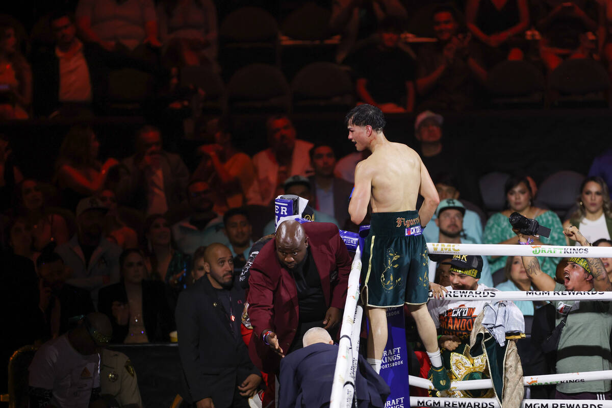 Brandon Figueroa celebrates after knocking Jessie Magdaleno out during a WBC interim world feat ...