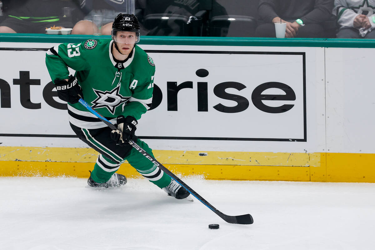Dallas Stars defenseman Esa Lindell skates with the pack against the Vegas Golden Knights durin ...