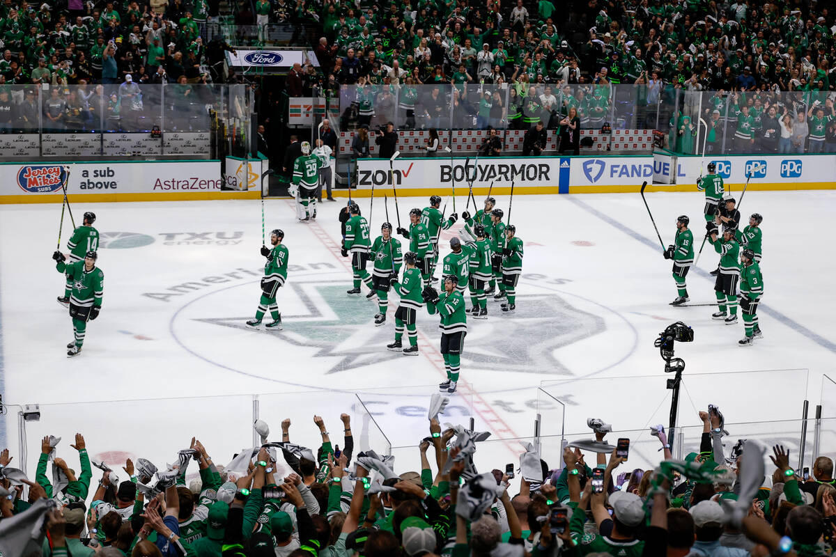 Dallas Stars players acknowledge spectators following their 2-1 victory over the Vegas Golden K ...