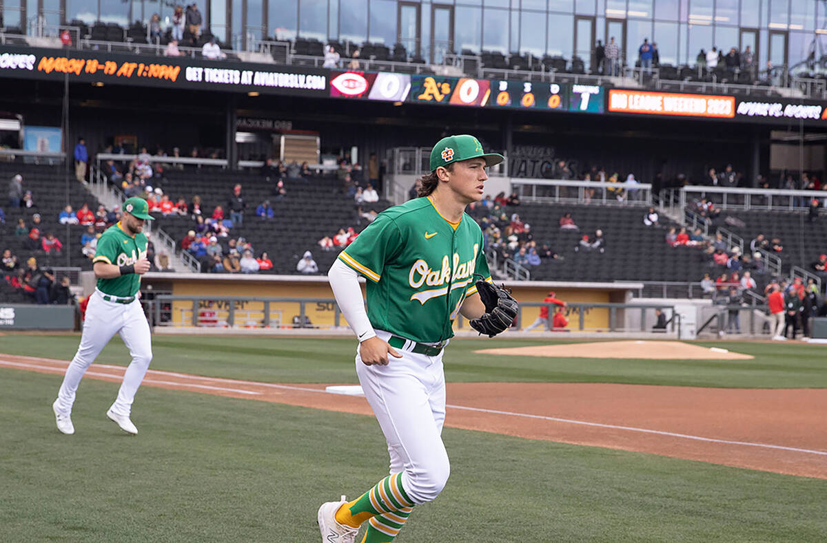 Oakland Athletics second baseman Zach Gelof takes the field before a baseball game against the ...