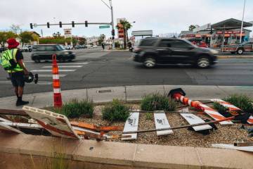 The site of a crash is seen at the intersection of Charleston and Decatur on Sunday, May 5, 202 ...