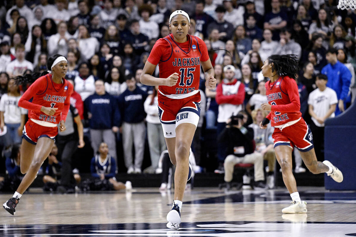 Jackson State guard Angel Jackson (15) runs up court in the second half of a first-round colleg ...