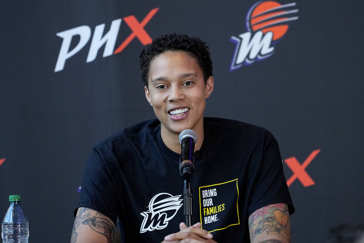 WNBA basketball player Brittney Griner speaks at a news conference, Thursday, April 27, 2023, i ...