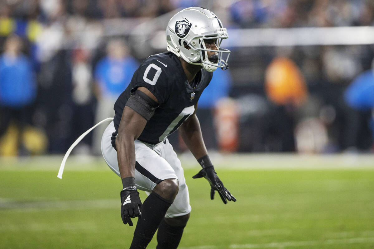 Raiders cornerback Jakorian Bennett (0) defends during the second half of an NFL game against t ...