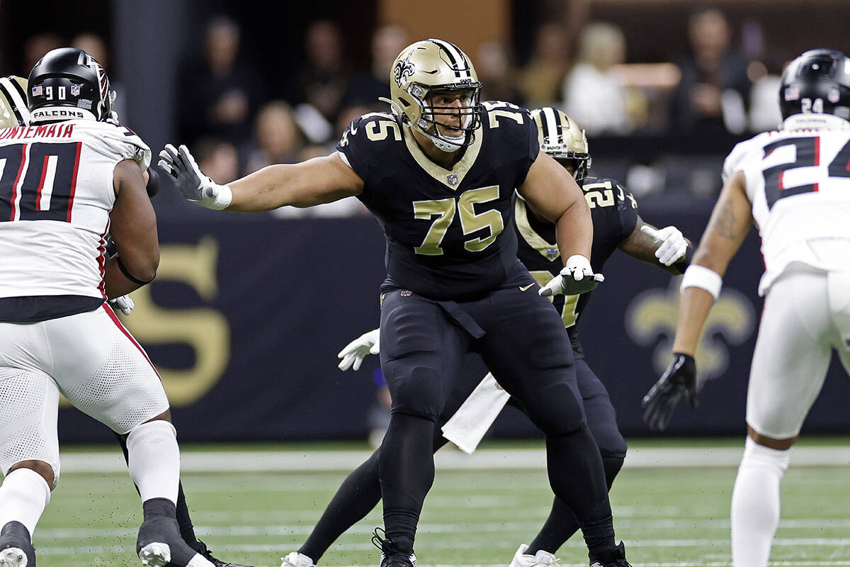 New Orleans Saints guard Andrus Peat (75) during an NFL football game against the Atlanta Falco ...