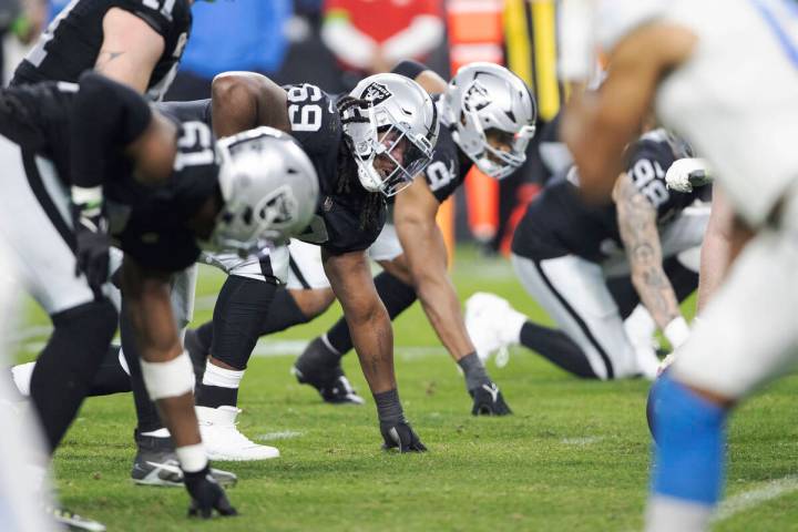 Raiders defensive tackle Adam Butler (69) sets on the line of scrimmage during the second half ...