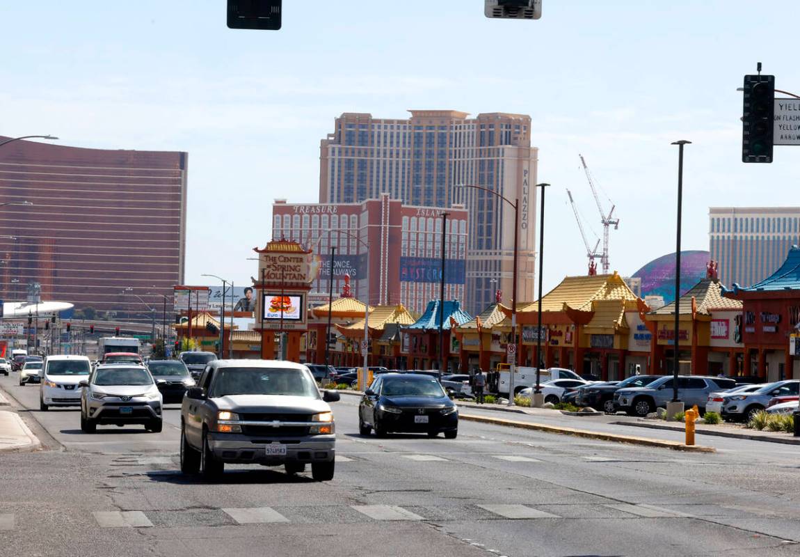 Motorists navigate on Spring Mountain Road near Chinatown on Friday, April 12, 2024, in Las Veg ...