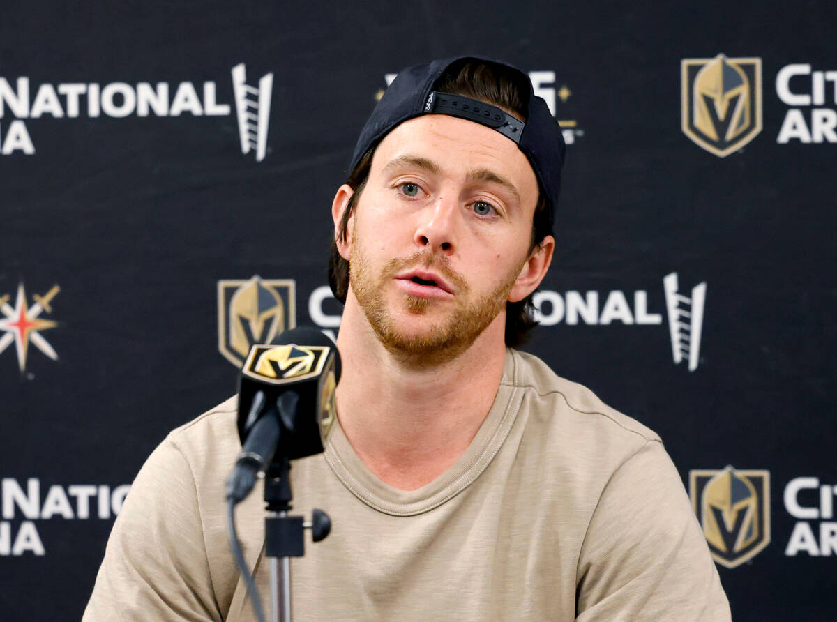 Golden Knights right wing Jonathan Marchessault speaks during team's exit interviews at City N ...