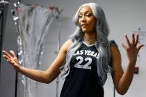 Las Vegas Aces center A'ja Wilson (22) speaks during team's media day, on Friday, May 3, 2024, ...