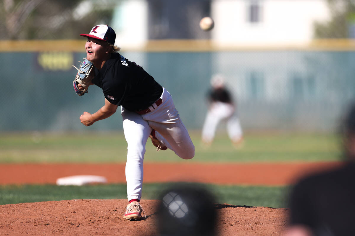 Liberty pitcher Cayden Rodgers-Ramirez (4) throws to Las Vegas during a Class 5A high school ba ...