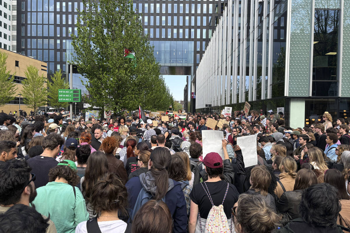 Students gather for a pro-Palestinian protest at the University of Amsterdam, Netherlands, Tues ...
