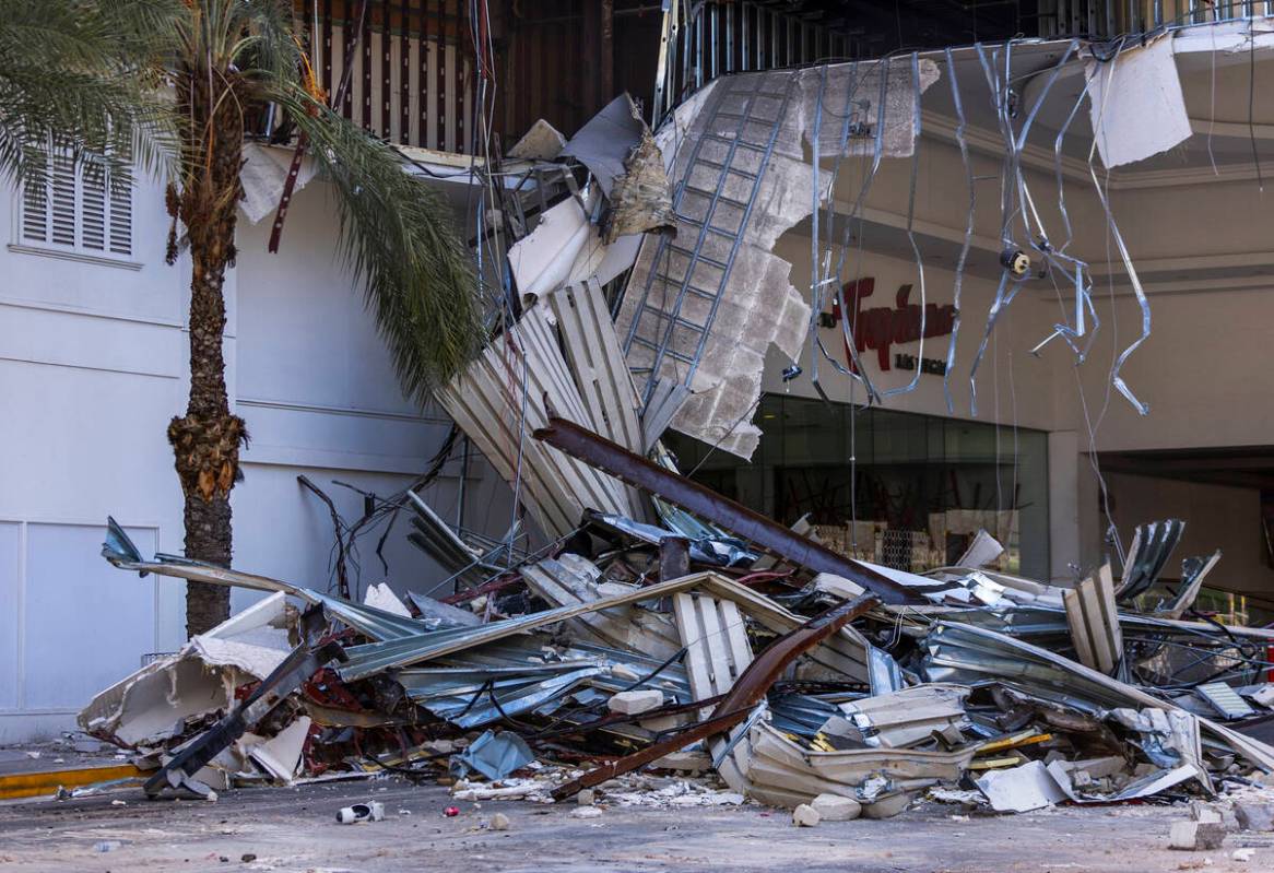 The demolition continues about the porte-cochere at the Tropicana on Thursday, May 2, 2024, in ...