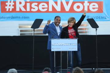 Then-Democratic candidates for Congress Steven Horsford, left, and Susie Lee speak at a rally a ...
