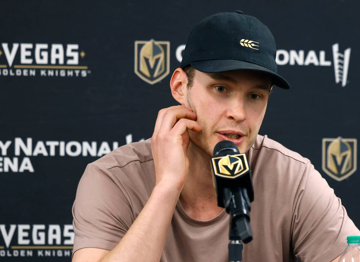 Golden Knights defenseman Braydon McNabb speaks during team''s exit interviews at City National ...