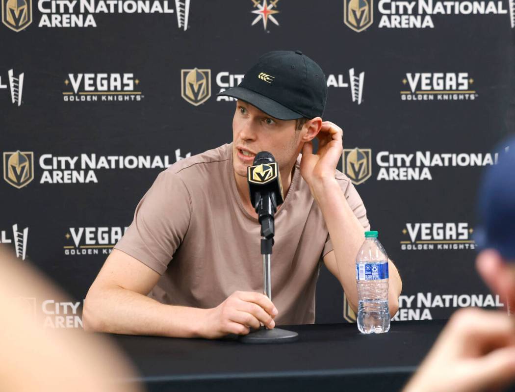 Golden Knights defenseman Braydon McNabb speaks during team''s exit interviews at City National ...