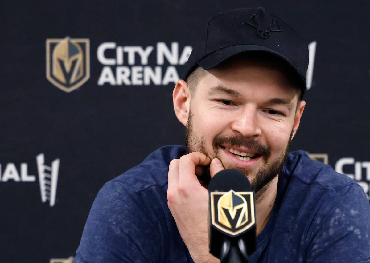 Golden Knights center Tomas Hertl pauses as he speaks during team's exit interviews at City Nat ...