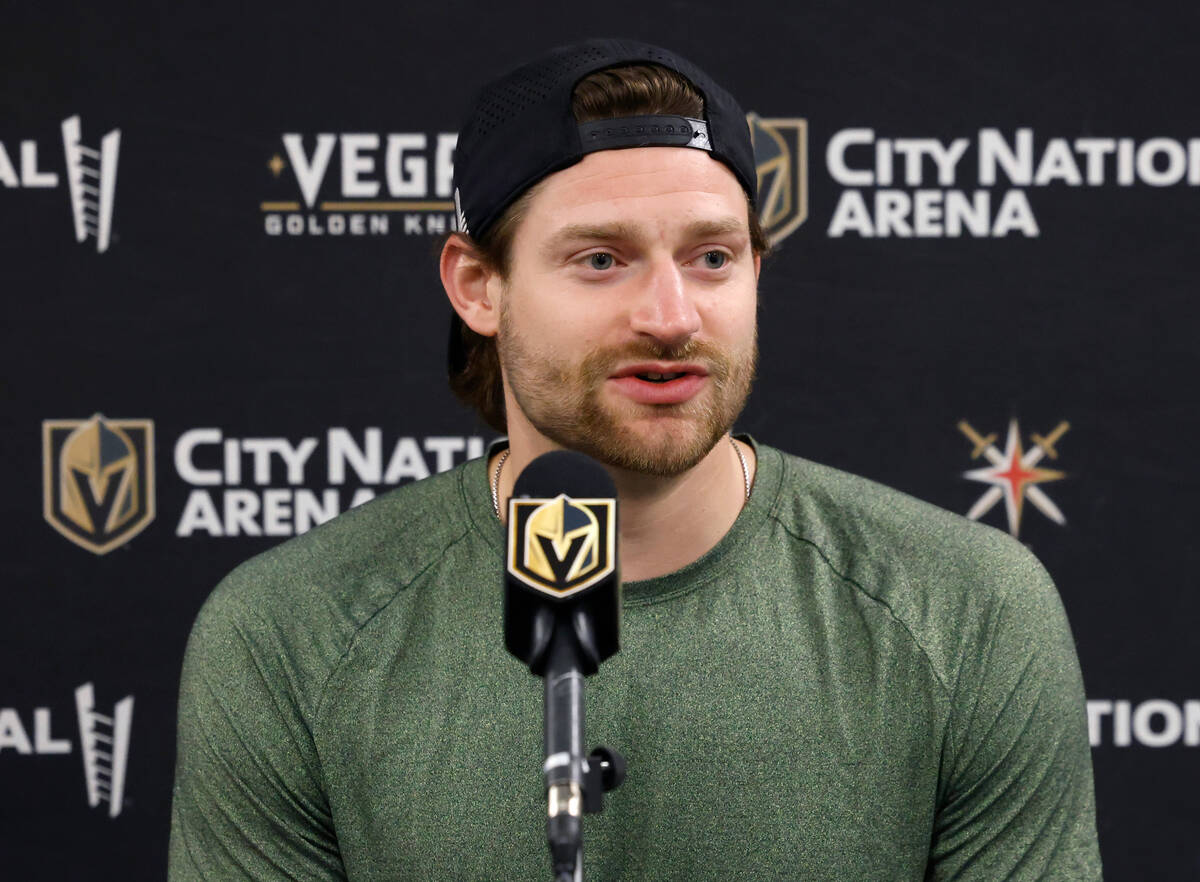Golden Knights goaltender Adin Hill speaks during team's exit interviews at City National Arena ...