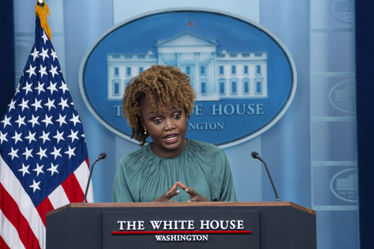 White House press secretary Karine Jean-Pierre speaks during a briefing at the White House, Tue ...