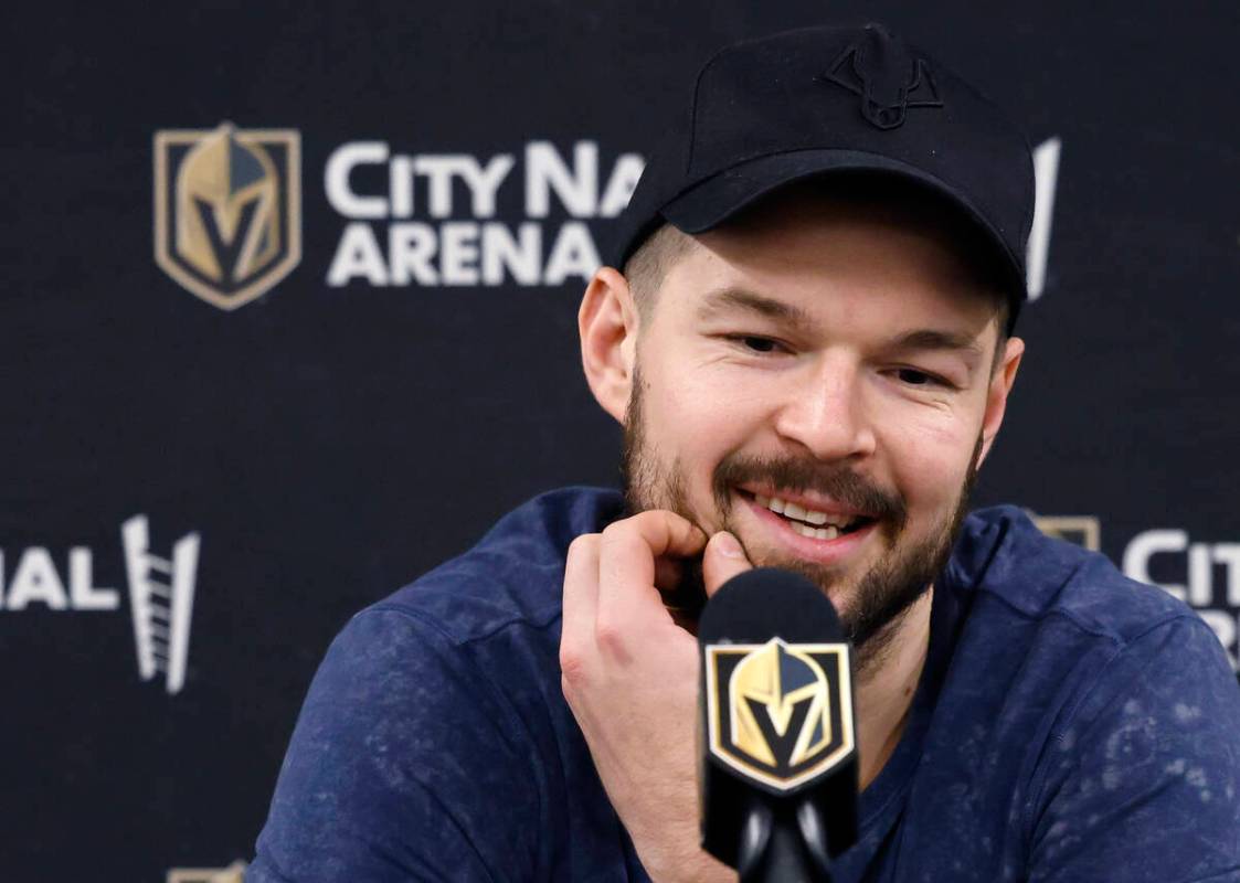 Golden Knights center Tomas Hertl pauses as he speaks during team's exit interviews at City Nat ...