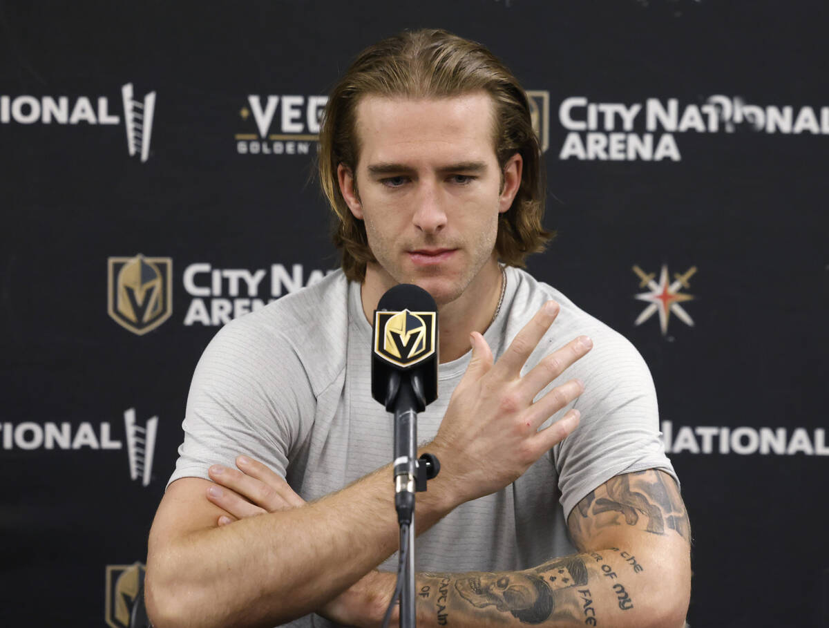 Golden Knights defenseman Noah Hanifin speaks during team's exit interviews at City National Ar ...