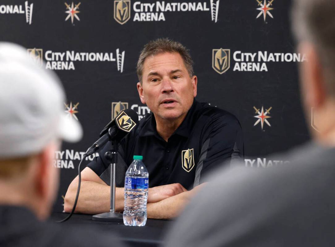 Golden Knights head coach Bruce Cassidy listens to reporters questions during team's exit inter ...