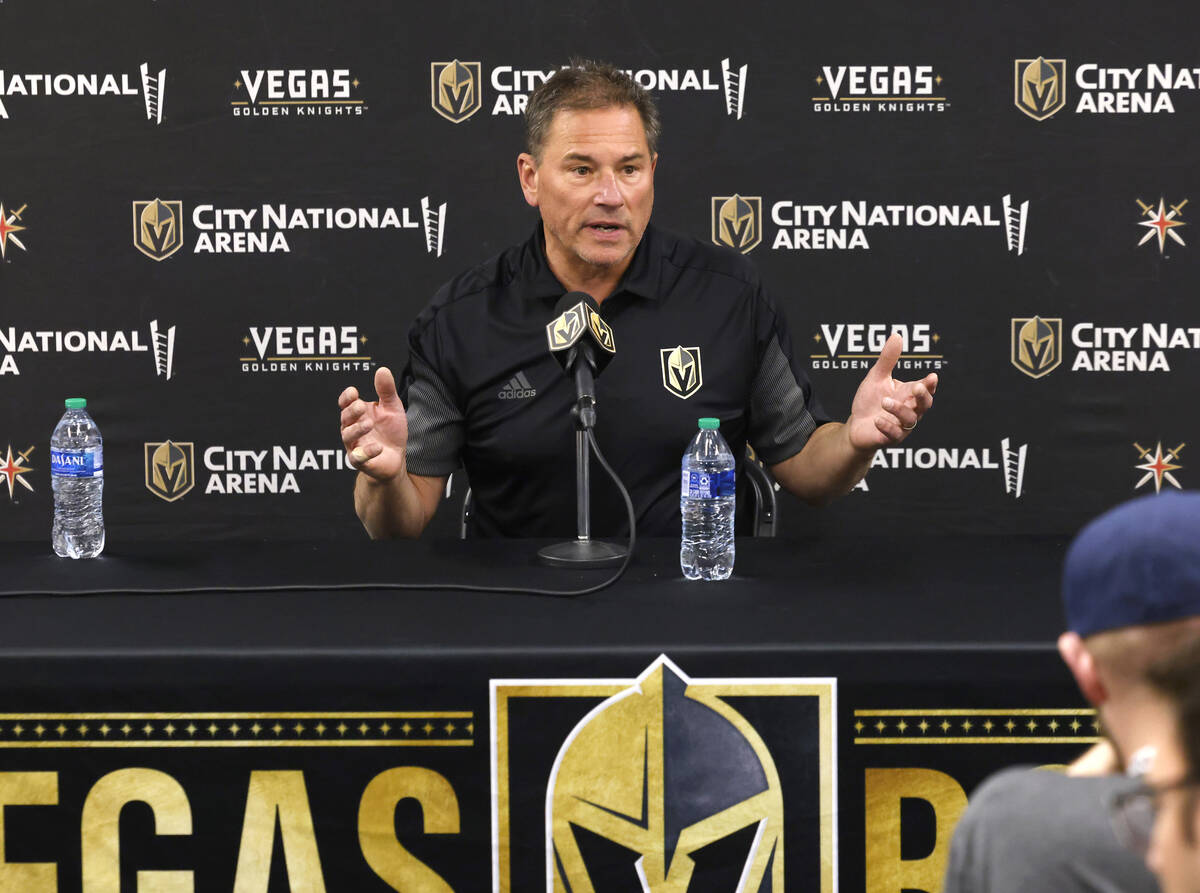 Golden Knights head coach Bruce Cassidy speaks during team's exit interviews at City National A ...