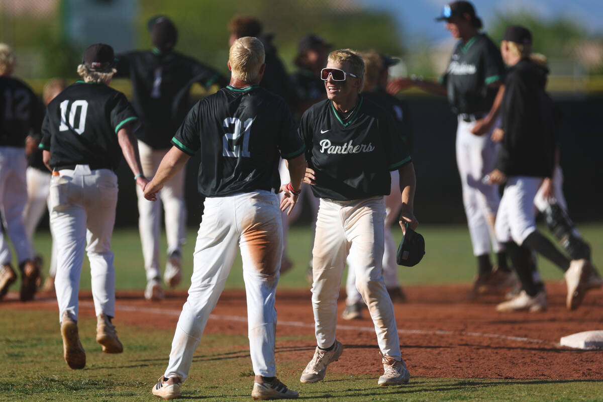 Palo Verde celebrates their win in a Class 5A high school baseball Southern Region playoff game ...
