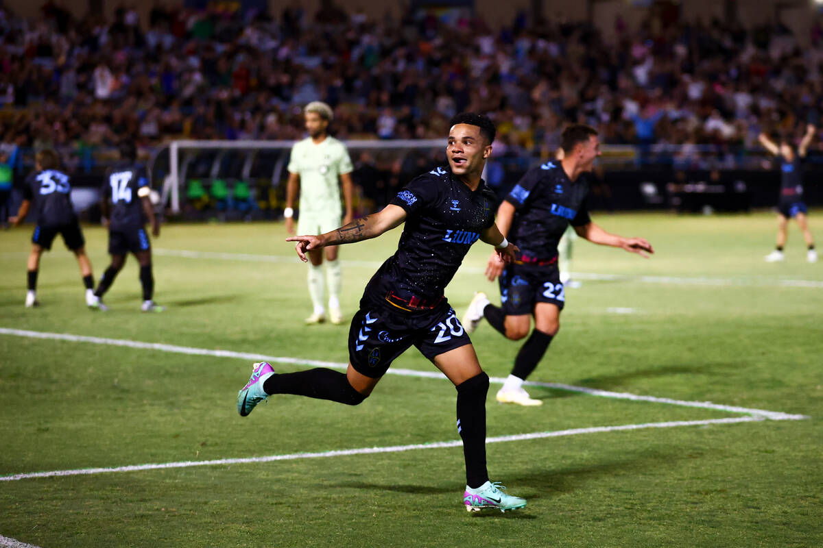 Las Vegas Lights FC defender Shawn Smart (20) celebrates after scoring a goal on Los Angeles FC ...