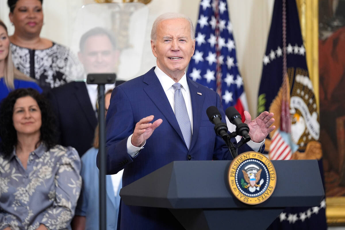 President Joe Biden speaks during an event to celebrate the 2023 WNBA champion Las Vegas Aces, ...