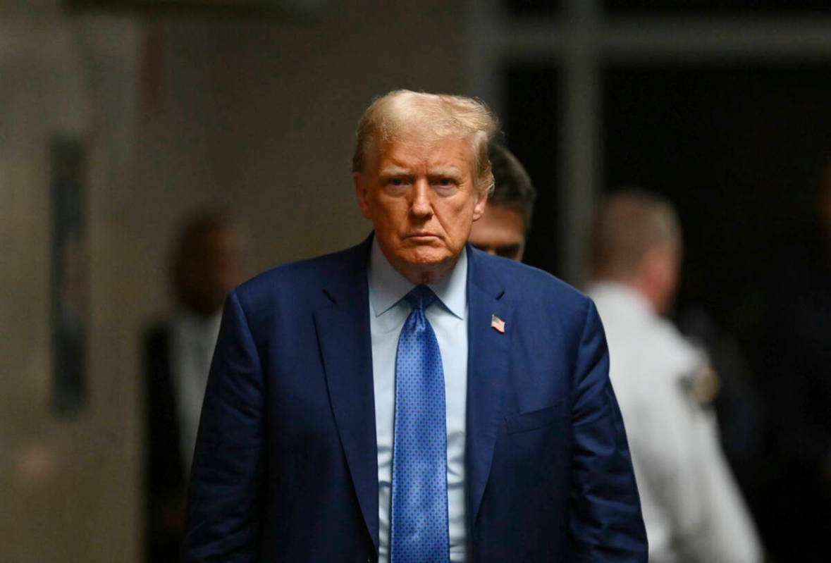 Former President Donald Trump arrives at Manhattan Criminal Court in New York, Thursday, May 9, ...