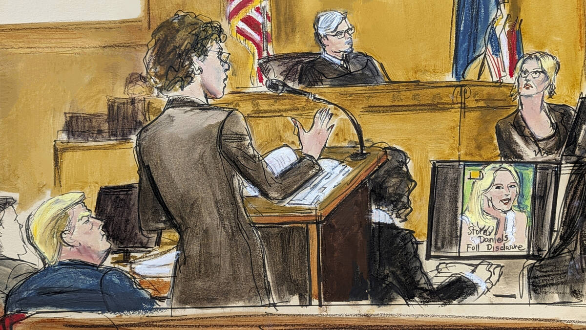 In this courtroom sketch, defense attorney Susan Necheles, center, cross examines Stormy Daniel ...